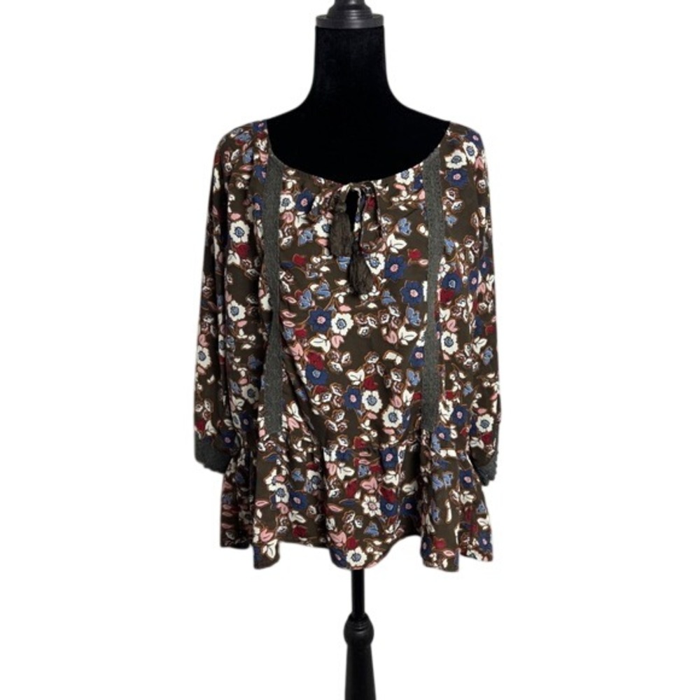 Rockin C Floral Tunic Women Medium Brown Boho Peplum Lace Tassel Very Good